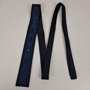 Trevira Men's Black Skinny Tie Blue Art Deco Design Squared Bottom EUC